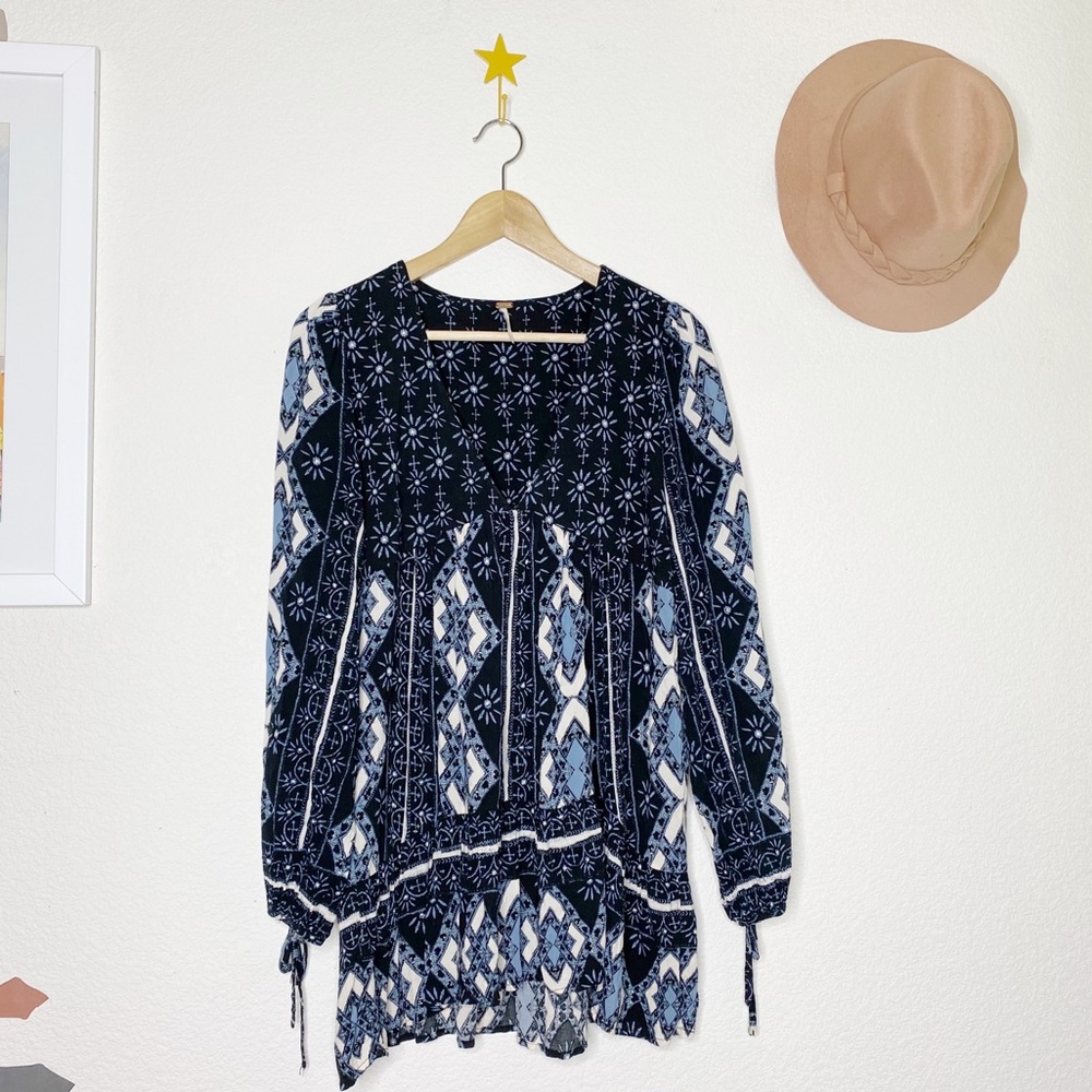 Free People Paisley Tunic Long Fit Blue Top